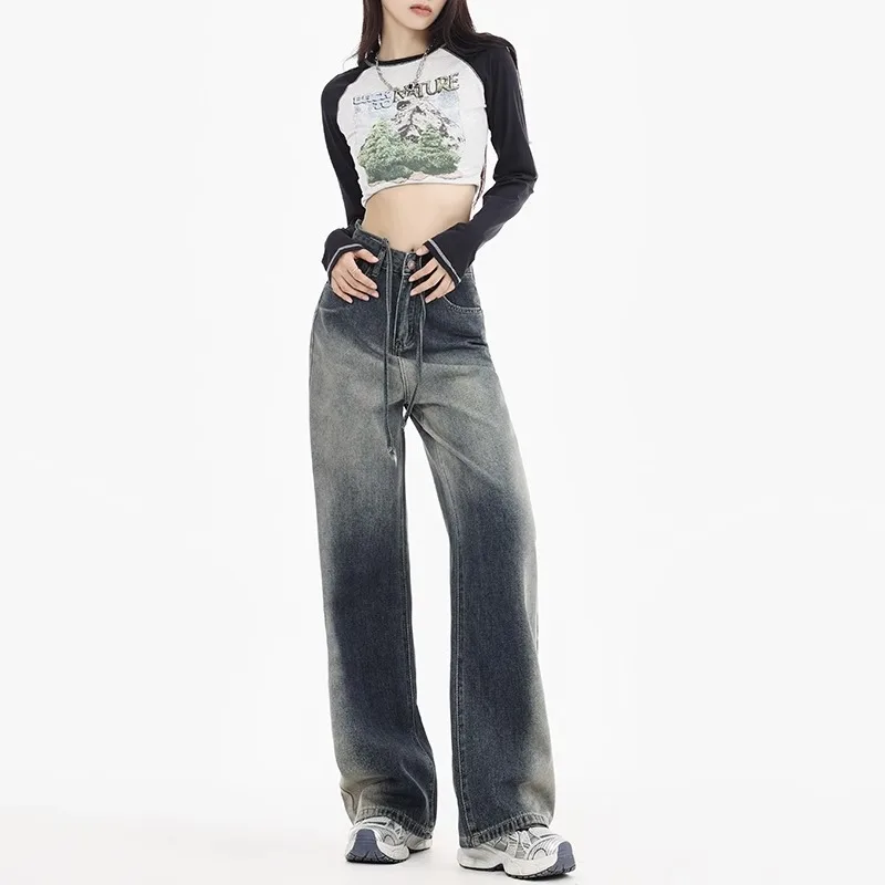 Jeans baggy vintage para mulheres, calças largas de cintura alta, calças  jeans elásticas, roupas casuais, grandes